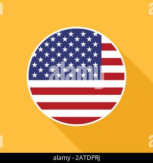 Icona piatta del vettore bandiera nazionale USA. Icona vettoriale della bandiera americana ritagliata all'interno del cerchio. Icona piatta con banner a stella in stile piatto con palchi lunghi Illustrazione Vettoriale