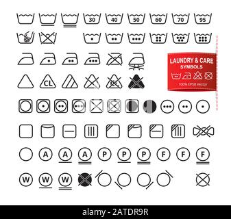 Icona insieme di simboli di lavanderia in moderno stile piatto linea sottile. Lavaggio degli indumenti, sbianca, asciugatura, stiratura, pittogrammi di pulizia. Laboratorio di cura dell'indumento Illustrazione Vettoriale
