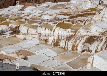 Vista pittoresca delle terrazze di Salinas de Maras, Perù. Miniera naturale di sale. Saline Inca a Maras, vicino Cuzco in Valle Sacra, Perù Foto Stock