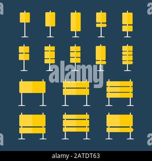 Set di 16 assi stradali e puntatori icone piatte. Cartello giallo sulla collezione colonna. Modello vuoto per testo di navigazione o guida. EPS8 pulire il vettore Illustrazione Vettoriale