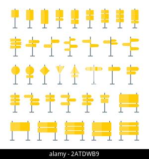 Segnaletica stradale, assi e puntatori icone piatte. Set di 36 icone di segnalazione isolate su sfondo bianco. Modelli di cartelli guida vuoti in colori gialli per nav Illustrazione Vettoriale