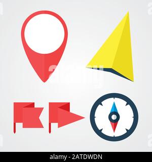 Icone piatte di navigazione e posizione impostate. Etichetta di posizione, contrassegni, indicatore di direzione e bussola. Illustrazione del vettore eps8. Illustrazione Vettoriale