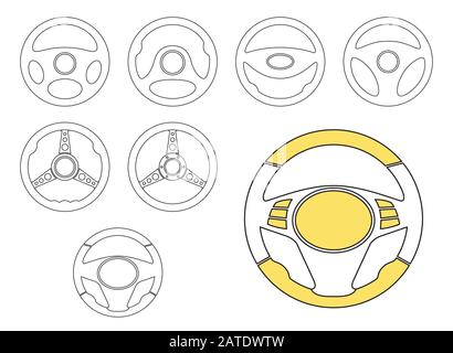 Set di icone vettoriali del volante per auto simboli a linea sottile. Icone del volante per auto in stile di contorno. Icone linea sottile del volante automatico. Auto Illustrazione Vettoriale