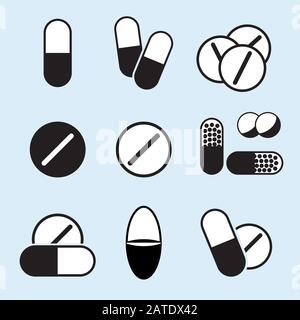 Pillole mediche icone in stile piatto. Set di simboli stilizzati di pillola medicinale, compressa e capsula isolati su sfondo blu. Illustrazione del farmaco in Illustrazione Vettoriale