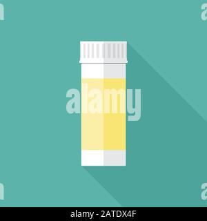 Pillole confezione contenitore piatto icona. Flacone in plastica bianca con farmaci medicali. Simbolo di farmaco stilizzato. Illustrazione del vettore sanitario. Illustrazione Vettoriale