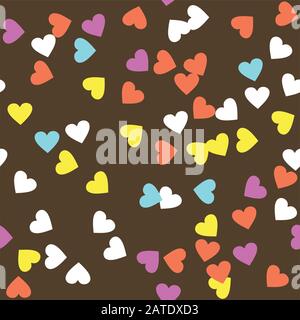 Smalto a ciambella senza cuciture. Texture crema con farcitura a spruzzo di cuori colorati su sfondo di cioccolato. Decorazione di panetteria alimentare. Vettore eps8 illu Illustrazione Vettoriale