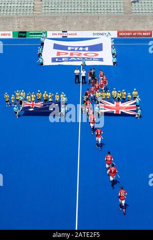 Sydney, Australia. 02nd Feb, 2020. International FIH Field Hockey, Australia vs Gran Bretagna; Gran Bretagna Prati al credito sul campo: Action Plus Sports Images/Alamy Live News Foto Stock