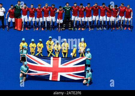 Sydney, Australia. 02nd Feb, 2020. International FIH Field Hockey, Australia contro Gran Bretagna; Gran Bretagna durante il loro inno nazionale credito: Action Plus Sports Images/Alamy Live News Foto Stock