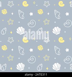 Cartone animato barboncino senza cuciture modello. Conchiglie di mare disegnate a mano, vacanza estiva sulla spiaggia. Illustrazione dello sfondo del vettore. Illustrazione Vettoriale