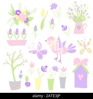 Pasqua. Adesivi a molla. buona pasqua. Elementi per la creazione di cartoline. Uccello, fiori, birdhouse. Colori pastello.. Illustrazione Vettoriale