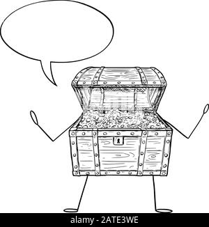 Illustrazione vettoriale del personaggio del pirata del tesoro aperto cartoon pieno di monete d'oro con la bolla del parlato. Economia o pubblicità finanziaria o disegno di vendita. Illustrazione Vettoriale