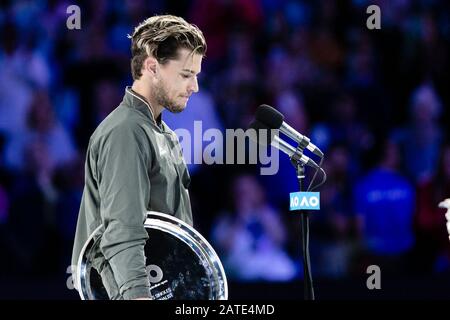 Melbourne, Australia. 02nd Feb, 2020. Tennis: Grand Slam, Australian Open. Uomini, singoli, finali. Thiem (Austria) - Djokovic (Serbia). Dominic Thiem risponde. Merito: Frank Molter/Dpa/Alamy Live News Foto Stock