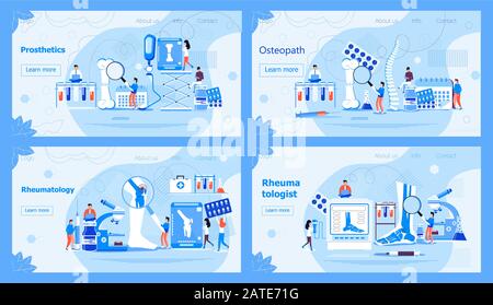 Concetto di reumatologia per il sito web. I piccoli reumatologi curano i reumatismi, l'osteoartrite. Artrite piatto concetto vettore. Protesi e ortopedici Illustrazione Vettoriale