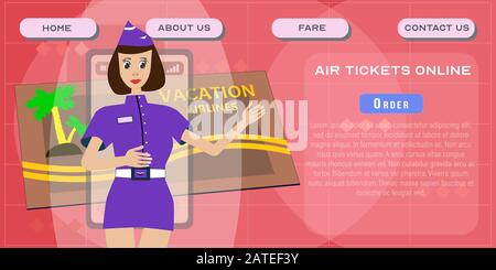 Air biglietti online modello del sito. Disegno del poster della testata dei servizi di trasporto passeggeri. Illustrazione vettoriale dei voli delle compagnie aeree che viaggiano in avia Illustrazione Vettoriale