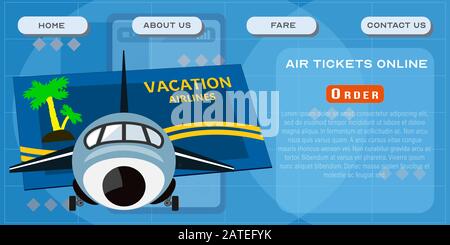 Air biglietti online modello del sito. Disegno del poster della testata dei servizi di trasporto passeggeri. Illustrazione vettoriale dei voli delle compagnie aeree che viaggiano in avia Illustrazione Vettoriale