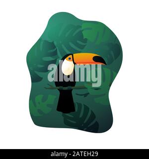 Toco toucan seduto sul ramo con foglie intorno a lui illustrazione Foto Stock