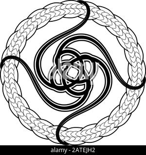 Astratto nero e bianco celtico o scandinavo simbolo in cerchio di maglia Illustrazione Vettoriale