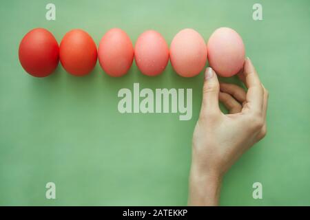 Sopra la vista sfondo femmina mano disposizione composizione di uova di Pasqua dipinte in fila gradiente da rosso a rosa pastello, copia spazio Foto Stock