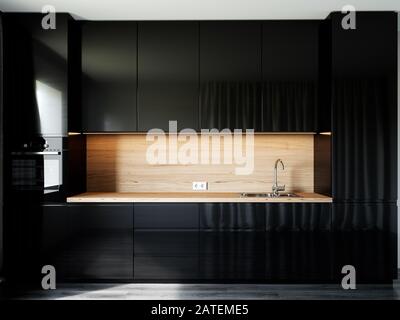 Moderna cucina nera vista frontale. illustrazione del rendering 3d Foto Stock