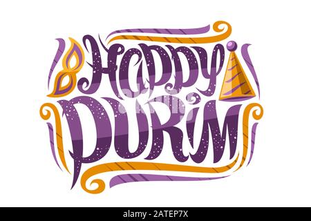 Biglietto d'auguri vettoriale per il Carnevale di Purim, invito decorativo con carattere calligrafico curly, fiorisce il design, cappello clown e maschera di carnevale, swirly br Illustrazione Vettoriale