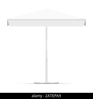 Bianco ombrellone vuoto tenda commerciale. Mercato, caffè o ristorante desing elemento. Tenda vuota mercato quadrato tenda mock up isolato su bianco ba Foto Stock