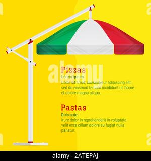 Menu pizzeria sfondo. Tenda ad ombrello nei colori della bandiera italiana su sfondo giallo brillante. Illustrazione. Foto Stock