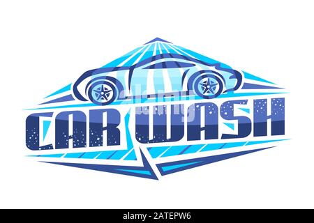 Logo Vector per Car Wash, cartello decorativo con illustrazione della vettura sportiva sotto la doccia ad acqua, insegna alla moda con carattere creativo per Illustrazione Vettoriale