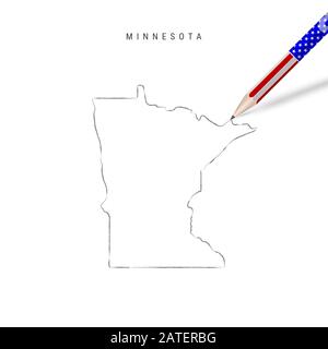 Minnesota Stati Uniti mappa matita schizzo. Minnesota contorno mappa con matita 3D in colore bandiera americana. Disegno a mano libera , isola dello schizzo disegnata a mano Foto Stock