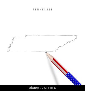 Tennessee Stati Uniti mappa dello stato schizzo a matita. Tennessee contorno mappa con matita 3D in american flag Colors. Disegno a mano libera , isola dello schizzo disegnata a mano Foto Stock