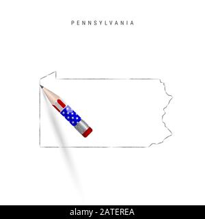 Pennsylvania Stati Uniti mappa dello stato schizzo a matita. Pennsylvania contorno mappa con matita 3D in american flag Colors. Disegno a mano libera , schizzo disegnato a mano Foto Stock