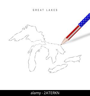 Tutti i grandi Laghi mappa matita schizzo. Superior, Michigan, Huron, Erie e Ontario contorno mappa con matita 3D in american flag Colors. Foto Stock