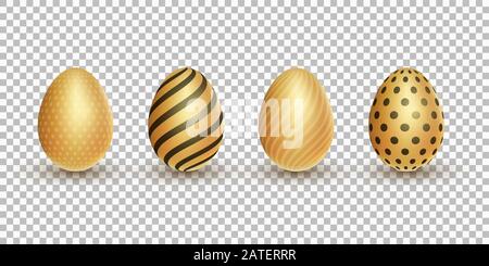 Uova 3d lucide color oro di Pasqua con motivo su sfondo trasparente. Elementi vacanza per il vostro progetto. Illustrazione del vettore. EPS 10 Illustrazione Vettoriale