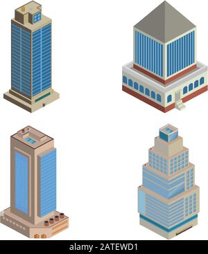 Icona isometrica vettoriale o elementi infografici che rappresentano un basso edificio di appartamenti in poli-città Illustrazione Vettoriale