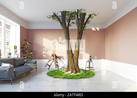 albero gigante in camera, rompere il soffitto.3d rendering concetto creativo Foto Stock