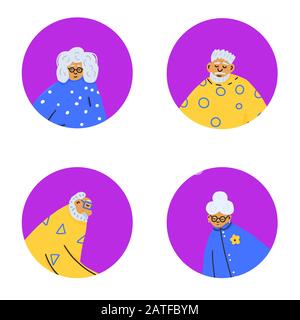 Set di icone con persone senior. Diversi avatar pensionati isolati su sfondo bianco. Illustrazione piatta del vettore. Illustrazione Vettoriale