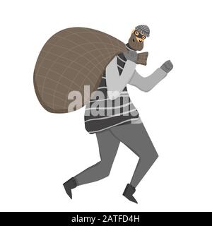 Ladro con borsa che corre via. Uomo vestito con camicia a righe, cappello e maschera sneaking con la proprietà saccheggiata isolato su sfondo bianco. Illust. Piatto vettore Illustrazione Vettoriale