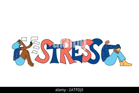 Concetto di stress. Testo stilizzato e giovani seduti sul pavimento con ansia isolata su sfondo bianco. Donna che soffre di cyberbullismo. Ma Illustrazione Vettoriale