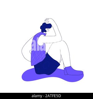 Concetto di emicrania. Questioni psicologiche. Giovani seduti sul pavimento con mal di testa isolato su sfondo bianco. Personaggio maschile con ginocchio speciale Illustrazione Vettoriale