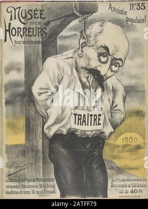 35 Amnistie populaire - 1900 - Lenepveu, V. - Caricatura di Alfred Dreyfus (1859-1935) appeso a un cappio. Dreyfus, un ebreo, e un capitano dell'esercito francese fu condannato falsamente per tradimento, torturato ed esiliato per aver venduto ai tedeschi l'intelligence militare francese nel 1895. Nel 1906, un tribunale d'appello pronunciò l'innocenza di Dreyfus e fu reinstallato nell'esercito e promosso al tenente colonnello. Colore della mano. Foto Stock