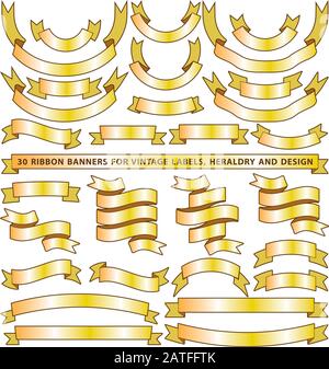 Set di trenta nastri di striscioni vettoriali gialli dorati Illustrazione Vettoriale