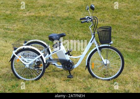 Il trike elettrico o in bicicletta nel parco nella soleggiata giornata estiva. Inquadratura dal lato. Non filtrato con illuminazione naturale. La vista della e motore e la potenza ba Foto Stock