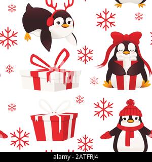 Immagine senza cuciture dei pinguini con scatole regalo e fiocchi di neve cartone animato carino animale piatto vettore illustrazione Illustrazione Vettoriale