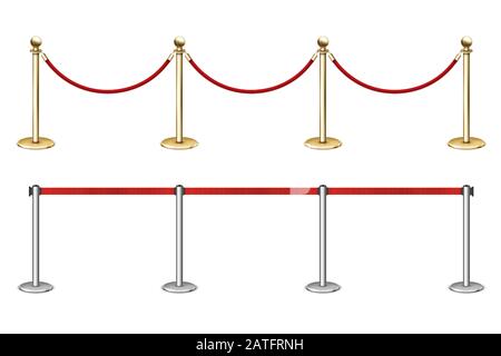 Barriera in corda dorata con recinzione in corda di velluto rosso. Illustrazione Vettoriale