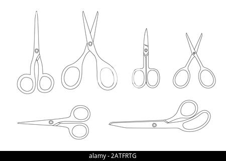 Set di forbici contorno stile piatto vettore illustrazione su sfondo bianco Illustrazione Vettoriale