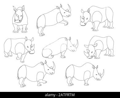 Set di rinoceronti africani in diverse pose contorno cartone animato disegno animale piatto vettore illustrazione isolato su sfondo bianco Illustrazione Vettoriale