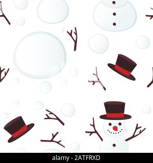 Modello senza cuciture Happy Snow MAN con cappello nero e sorriso piatto vettore illustrazione su sfondo bianco Illustrazione Vettoriale