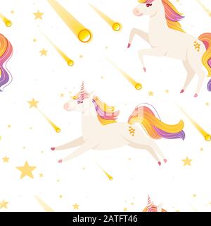 Modello senza cuciture di Magic mitico animale da racconto fiabesco unicorno cartone animato disegno animale piatto vettore illustrazione su sfondo scuro Illustrazione Vettoriale