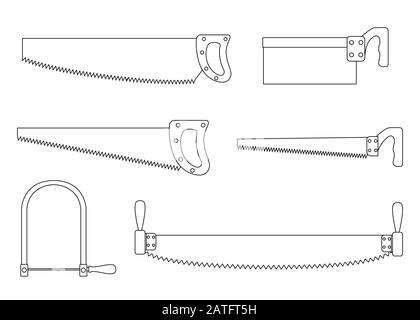 Set di figure vettoriali piatte con profilo per sega a mano isolate su sfondo bianco Illustrazione Vettoriale