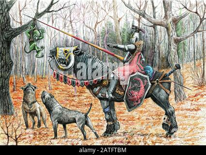 Cavaliere fantasy con cani e un piccolo goblin. Fantasia fiaba illustrazione. Cavaliere corazzato sul cavallo nero. Foto Stock