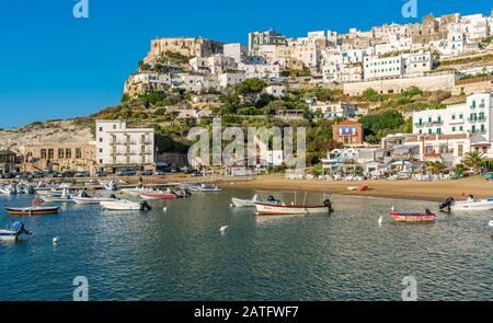 Vista panoramica a Peschici, bellissimo borgo del Gargano in Puglia, Italia. Foto Stock